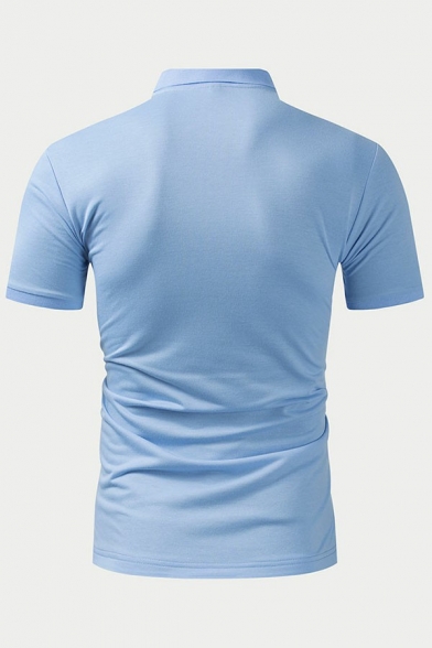 Men Urban Polo Shirt Striped Print Zip Neck Slim Fitted Short Sleeves Polo Shirt in Light Blue