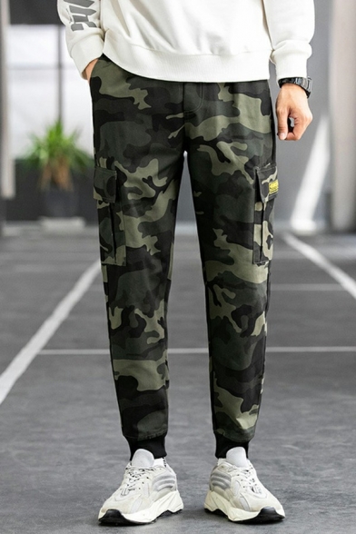 Modern Mens Zip Fly Pants Camo Printed Mid-Rised Flap Pocket Design Cargo Pants