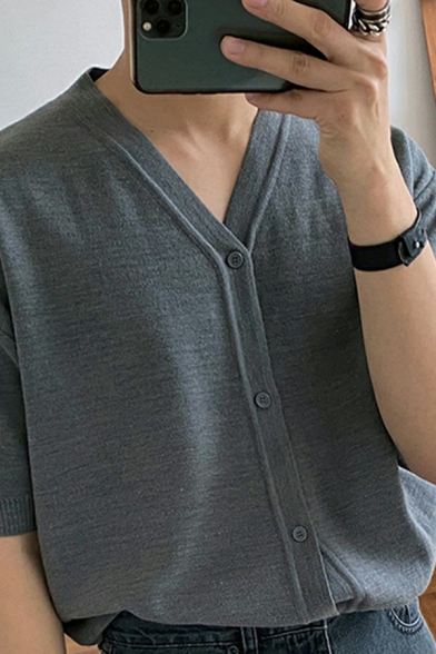 Simple Mens Cardigan Solid Color Half Sleeve V Neck Button up Regular Fitted Cardigan
