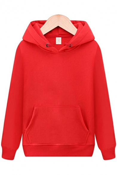 Simple Mens Hoodie Solid Color Pouch Pocket Drawstring Long Sleeve Relaxed Hoodie in Orange Red