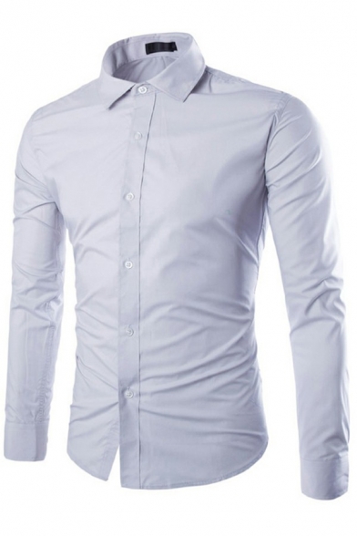Simple Mens Shirt Solid Collar Button Detailed Long Sleeve Slim Fit Shirt