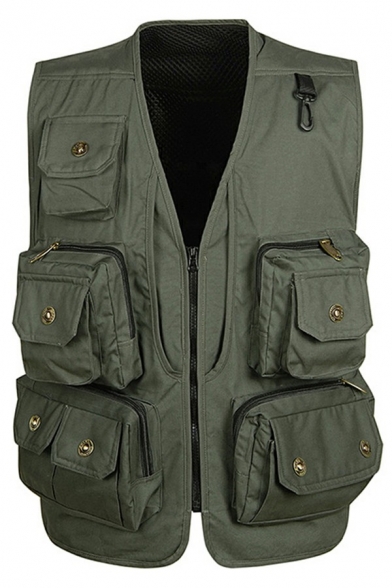 Smart Guys Vest Solid Color Pocket Embellished V-Neck Zip Placket Fitted Vest