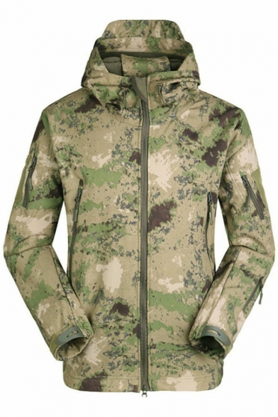 Vintage Jacket Camouflage Printed Zipper Pocket Regular Zip Fly Hooded Coat for Men