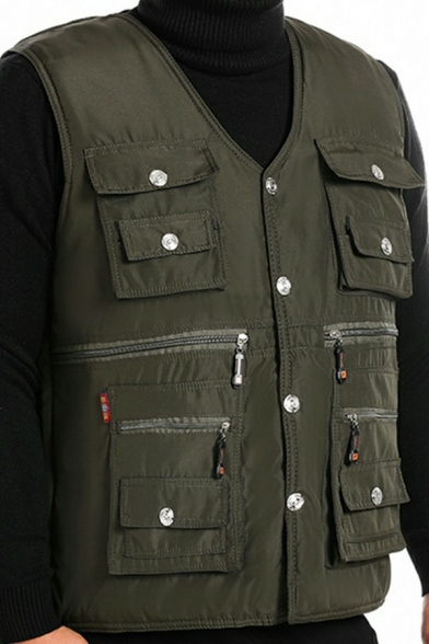 Warm Mens Vest Pure Color V-Neck Utility Button Up Zipper Detail Relaxed Fit Vest