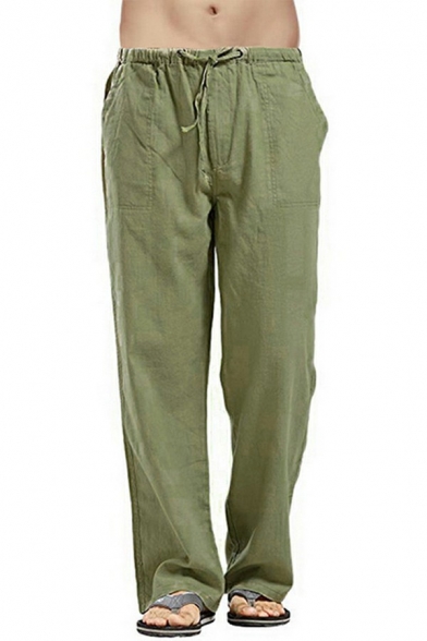 Basic Mens Drawstring Waist Pants Pure Color Pocket Detail Full Length Loose Fitted Pants