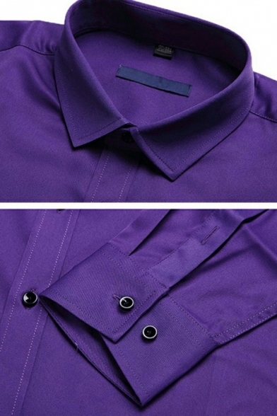 Comfortable Guys Shirt Solid Color Button Closure Turn-down Collar Long-sleeved Fitted Shirt in Purple