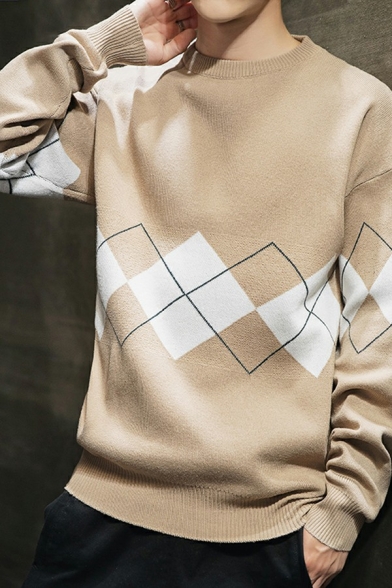 Cool Guys Sweater Argyle Pattern Crew Neck Long Sleeved Knitted Pullover Sweater