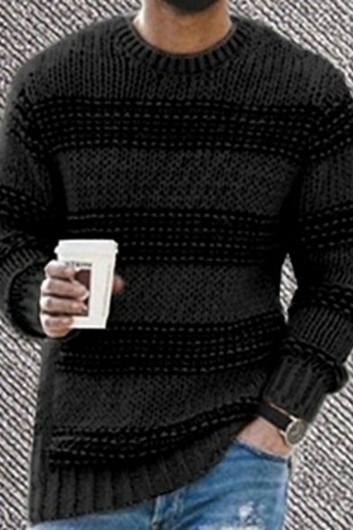 Cool Mens Sweater Stripe Print Long Sleeves Round Neck Loose Pullover