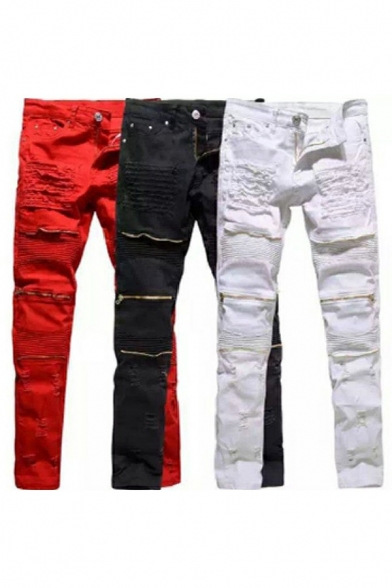 Creative Guys Jeans Solid Color Wrinkled Mid-Rise Zipper Placket Pocket Detail Skinny Fit Long Jeans