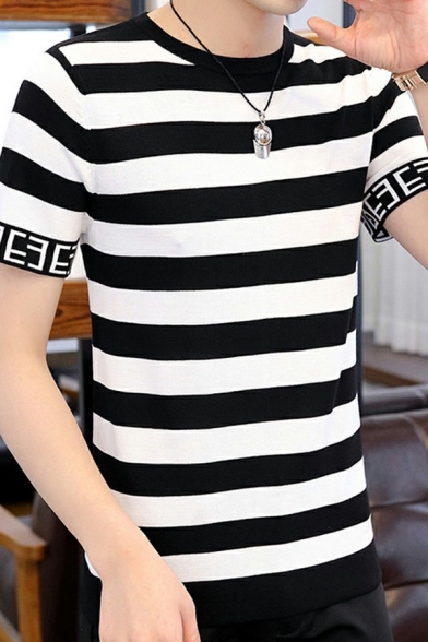 Guy's Popular Knitted Sweater Striped Pattern Knit Short Sleeve Crew Collar Regular Fitted Pullover Knitted Sweater