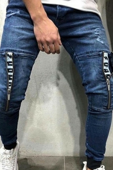 Guy's Unique Denim Pants Zip Fly Pockets Ripped Patched Full Length Slim Fit Jeans