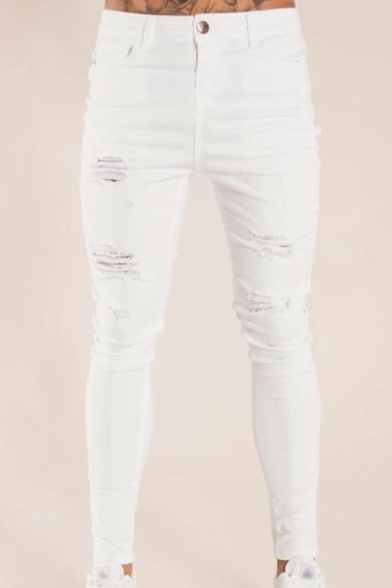 Men Creative Jeans Destroyed Design Slimming Full Length Zip Placket Jeans