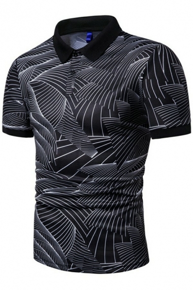 Men Creative Polo Shirt Printed 1/4 Button Collar Regular Fit Short Sleeves Polo Shirt