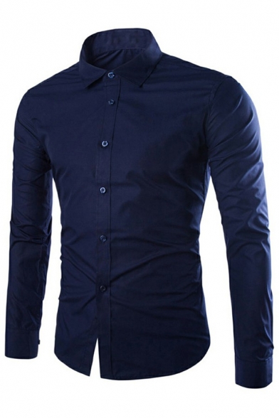 Men Stylish Shirt Solid Color Button Closure Collar Fitted Long-sleeved Shirt
