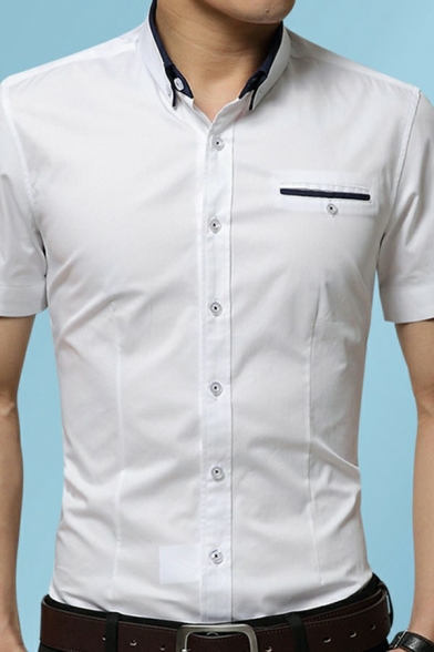 Mens Shirt Plain Color Short-Sleeved Chest Pocket Detail Lapel Collar Slim Fit Shirt