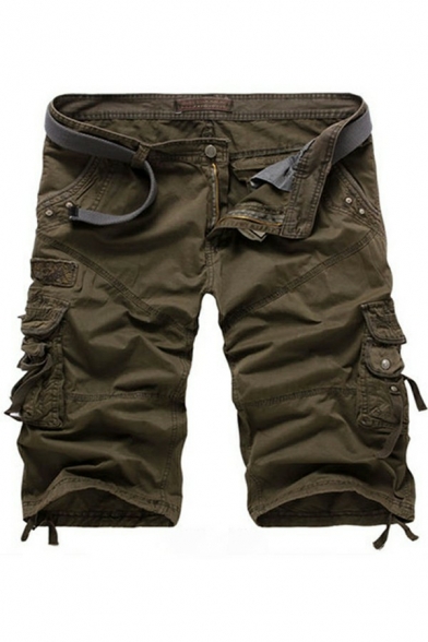 Mens Shorts Solid Color Flap Pocket Zipper Fly Drawstring Elastic Waist Straight Relaxed Fit Cargo Shorts