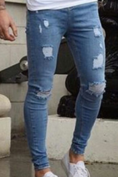 Mens Vintage Jeans Plain Color Mid-Rised Knee Broken Hole Zipper Placket Skinny-Fit Long Jeans