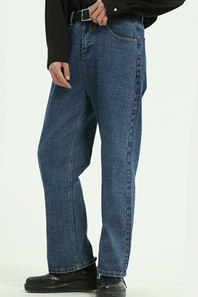 Popular Guy's Jeans Plain Mid Waist Loose Long Straight Zipper Placket Jeans