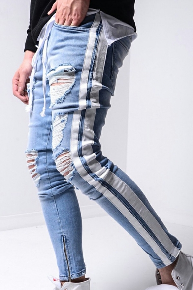 Retro Guys Jeans Pure Color Ripped Mid Waist Light Wash Zip Placket Skinny-Fit Long Jeans