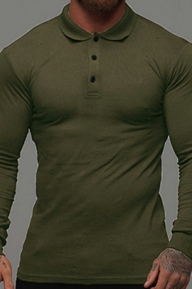 Simple Men Polo Shirt Pure Color Button Detailed Turn-down Collar Long Sleeve Slim Polo Shirt