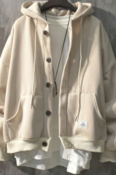 Simple Men's Hoodie Solid Color Long-Sleeved Button Detail Loose Fit Hoodie