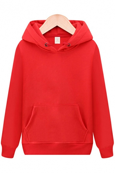 Simple Mens Hoodie Solid Color Pouch Pocket Drawstring Long Sleeve Relaxed Hoodie in Orange Red