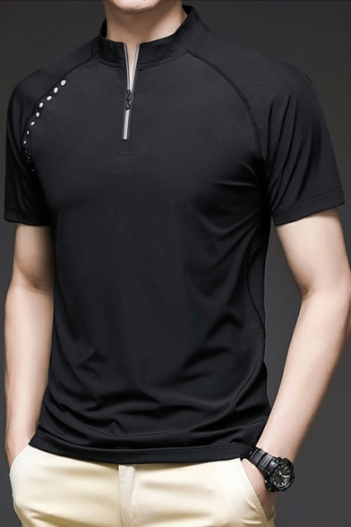 Sporty Mens Polo Shirt Strip Print Zip-up Stand Collar Short Sleeve Relaxed Polo Shirt