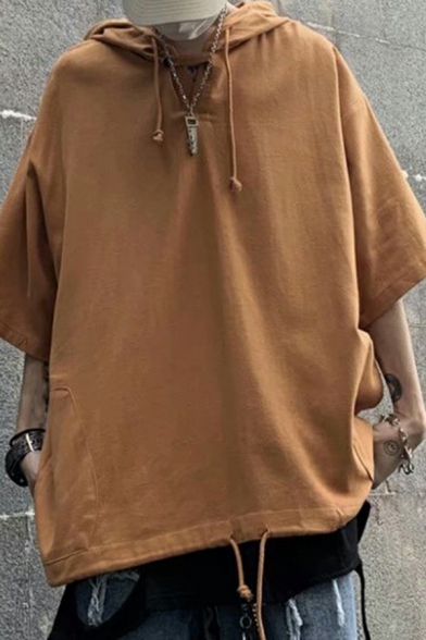 Street Look Hoodie Solid Color Half-Sleeved Loose Fit Drawstring Hoodie for Men