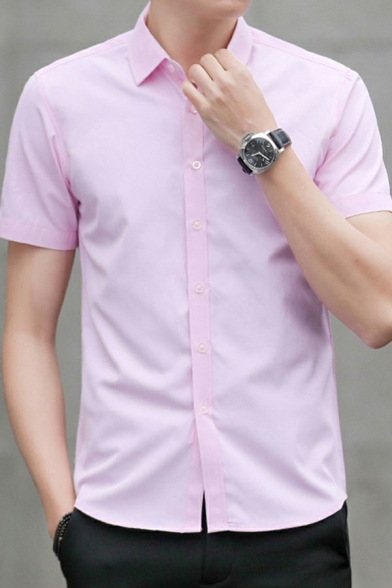 Urban Guys Shirt Plain Turn down Collar Short Sleeve Slim Fit Button Shirt Top