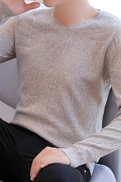 Warm Mens Knitwear Pure Color Textured Print Long Sleeves V-neck Relaxed Fit Pullover Knitwear