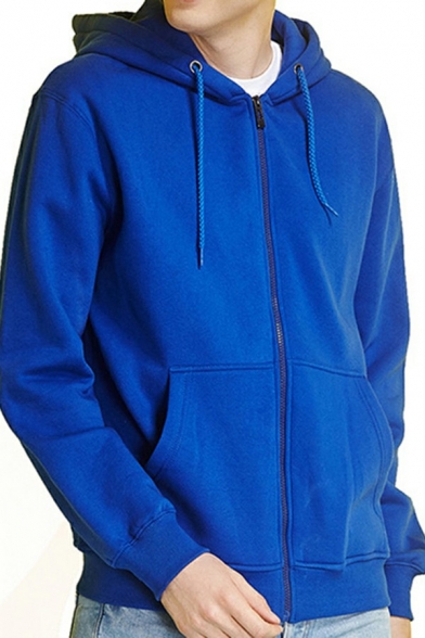 Basic Guys Hoodie Solid Color Drawstring Detail Long Sleeve Loose Zip-up Hoodie