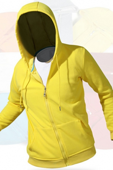 Basic Mens Hoodie Solid Color Long Sleeve Drawstring Detail Regular Fit Zip-up Hoodie