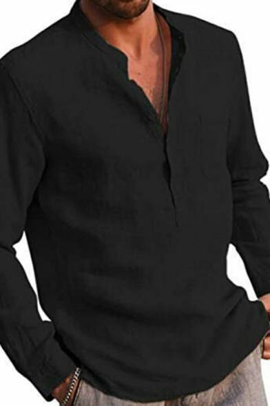 Boyish Men's Henley Shirt Solid Pocket Detail Long Sleeve Relaxed Fit Shirt