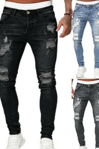 Casual Mens Jeans Pure Color Distressed Pocket Designed Mid Rise Slimming Zip Fly Jeans