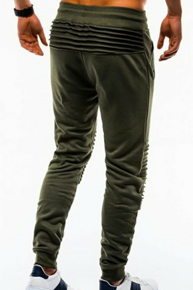 Edgy Men's Pants Solid knee Pleated Long Length Slim Fit Draw cord Pants