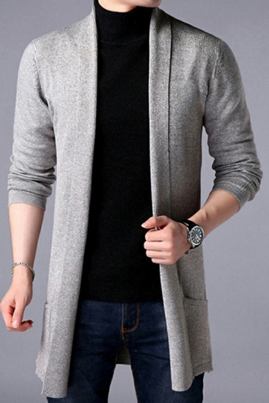 Guy Trendy Cardigan Solid Color Side Pocket Long-sleeved Regular Cardigan