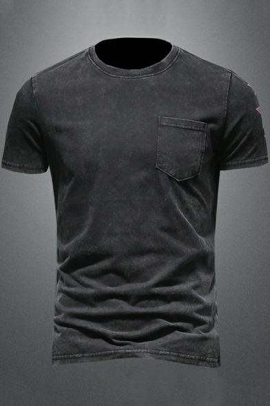 Guys Dashing Black T-shirt Pentagram Pattern Front Pocket Short-sleeved Crew Collar Slim Fit Tee