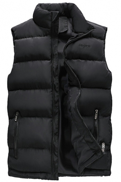Guys Fancy Vest Pure Color Stand Collar Side Pocket Zip Decorate Regular Warm Vest in Black