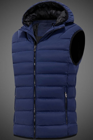 Guys Thermal Vest Solid Color Zip Fly Pocket Decorate Hooded Slim Fit Vest
