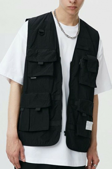 Hip-hop Vest Pure Color Flap Pocket Zip Closure Loose Vest for Guys