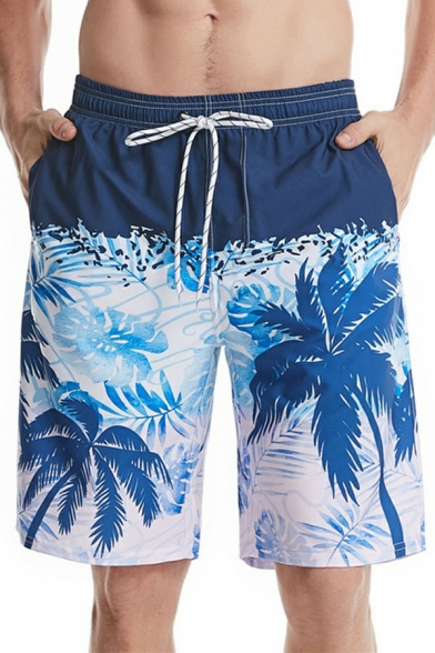 Leisure Mens Shorts Tropical Print  Drawstring Elasticated Waist Mid-Rised Straight Loose Fitted Shorts