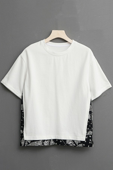 Leisure T-Shirt Flower Pattern Round Neck Short Sleeves Loose Fitted T-Shirt