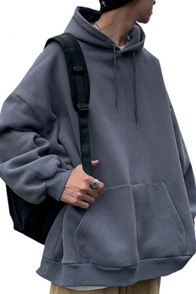 Men Comfortable Hoodie Solid Color Drawstring Kangaroo Pocket Long Sleeve Loose Fit Hoodie