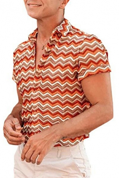 Men Fancy Shirt Chevron Pattern Short Sleeve Point Collar Button down Loose Shirt Top in Brown