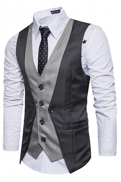 Men Fashionable Suit Vest Contrast Color Fake Two Pieces Single-Breasted V-Neck Slimming Vest