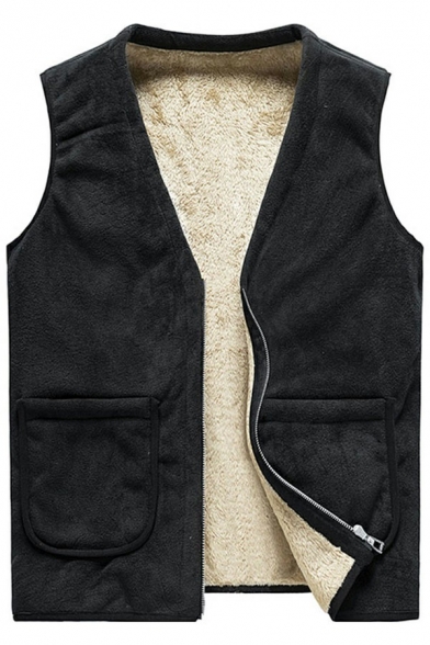 Men Metrosexual Vest Plain V-Neck Zip Up Side Pocket Regular Fit Warm Vest