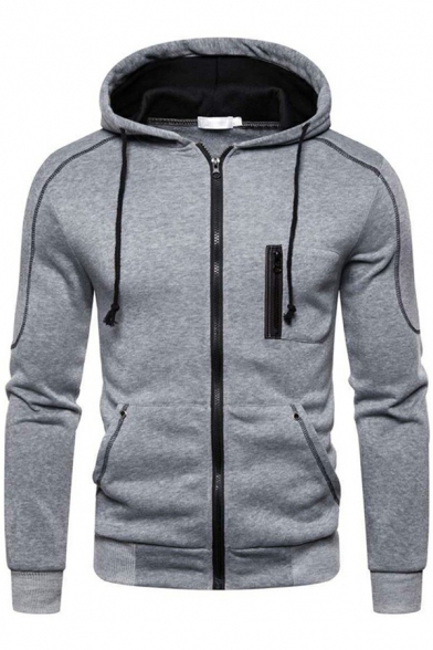 Modern Men's Hoodie Contrast Panel Zip up Pocket Detail Long-Sleeved Slim Drawstring Hoodie