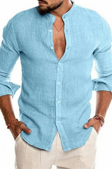 Novelty Men's Shirt Plain Button Embellish Stand Collar Regular Long Sleeve Shirt