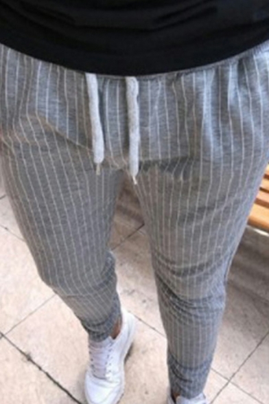Popular Drawstring Pants Stripe Pattern Mid Rise Ankle Slim Fit Pants for Men