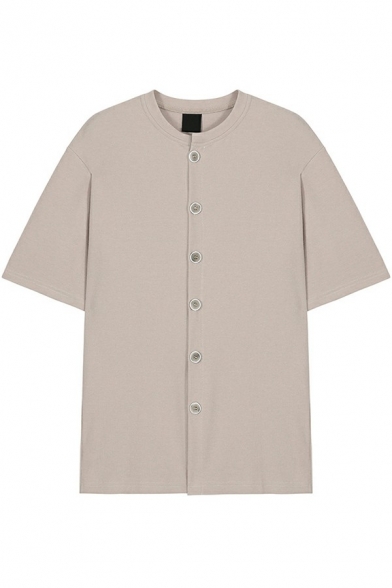 Simple Cardigan Plain Short Sleeve Round Collar Button down Regular Fit Cardigan for Men